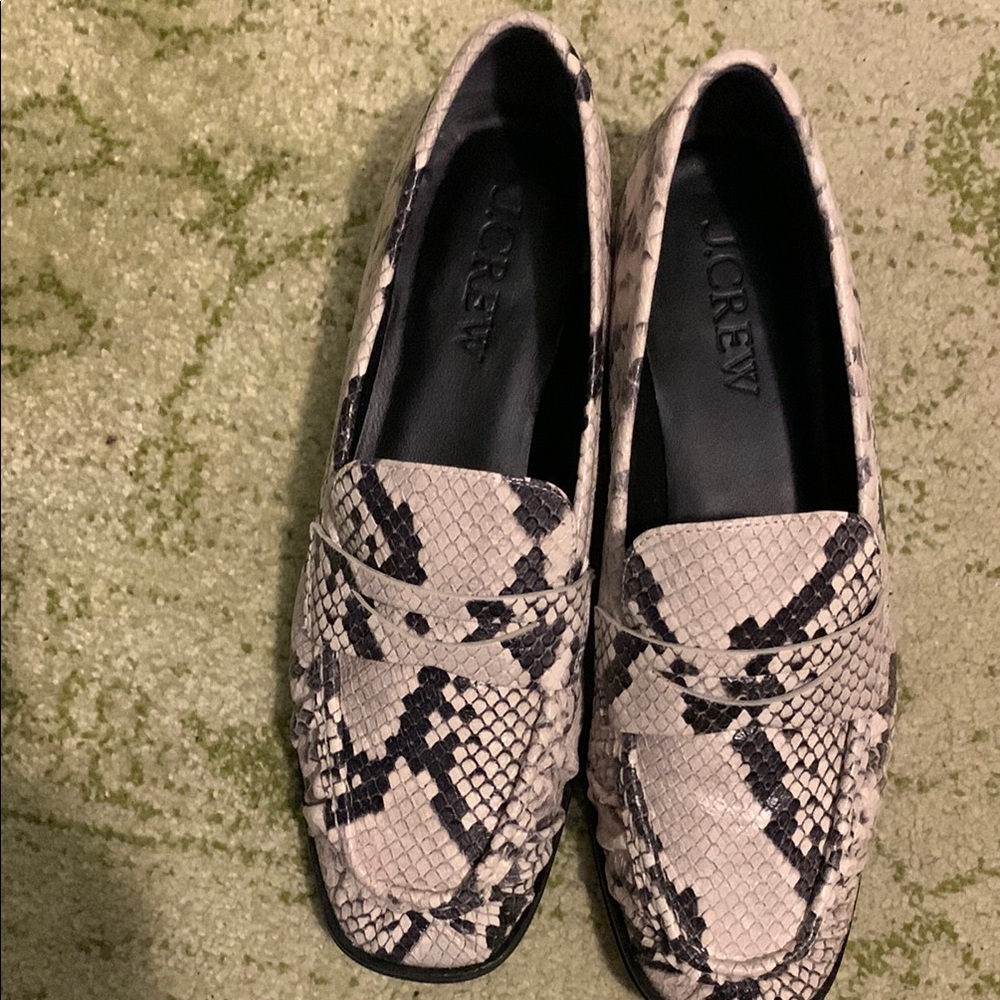 J. Crew Black and Cream Flats with Snakeskin Texture